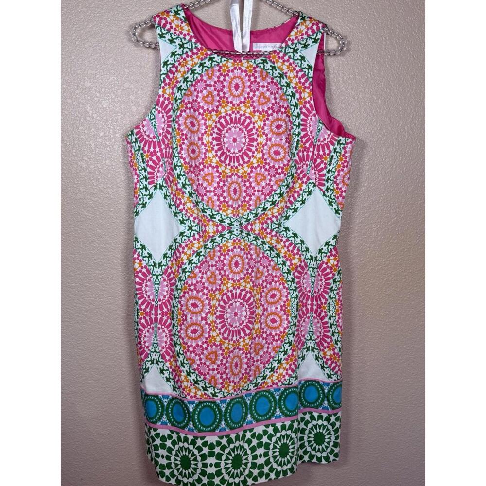 London Times Dress Womens Sz 14 Pink‎ Green Blue Geometric Sheath Boho